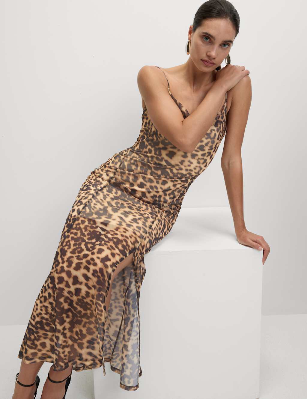 M&S Floral Mesh Strappy Midi Bodycon Dress Brown Mix