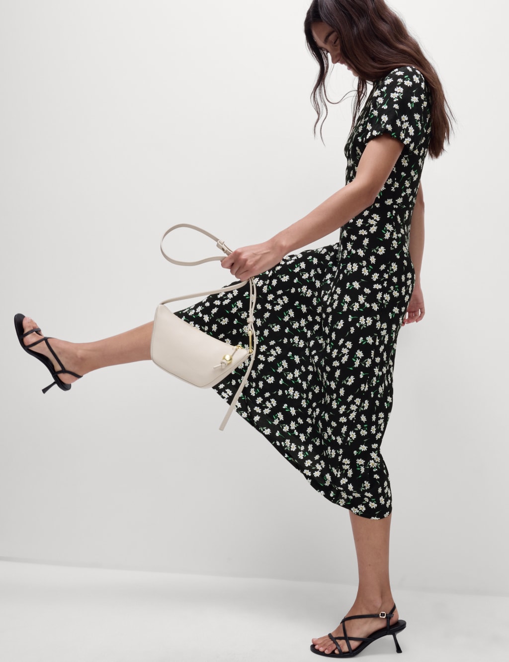 Floral Round Neck Tie Detail Midaxi Tea Dress