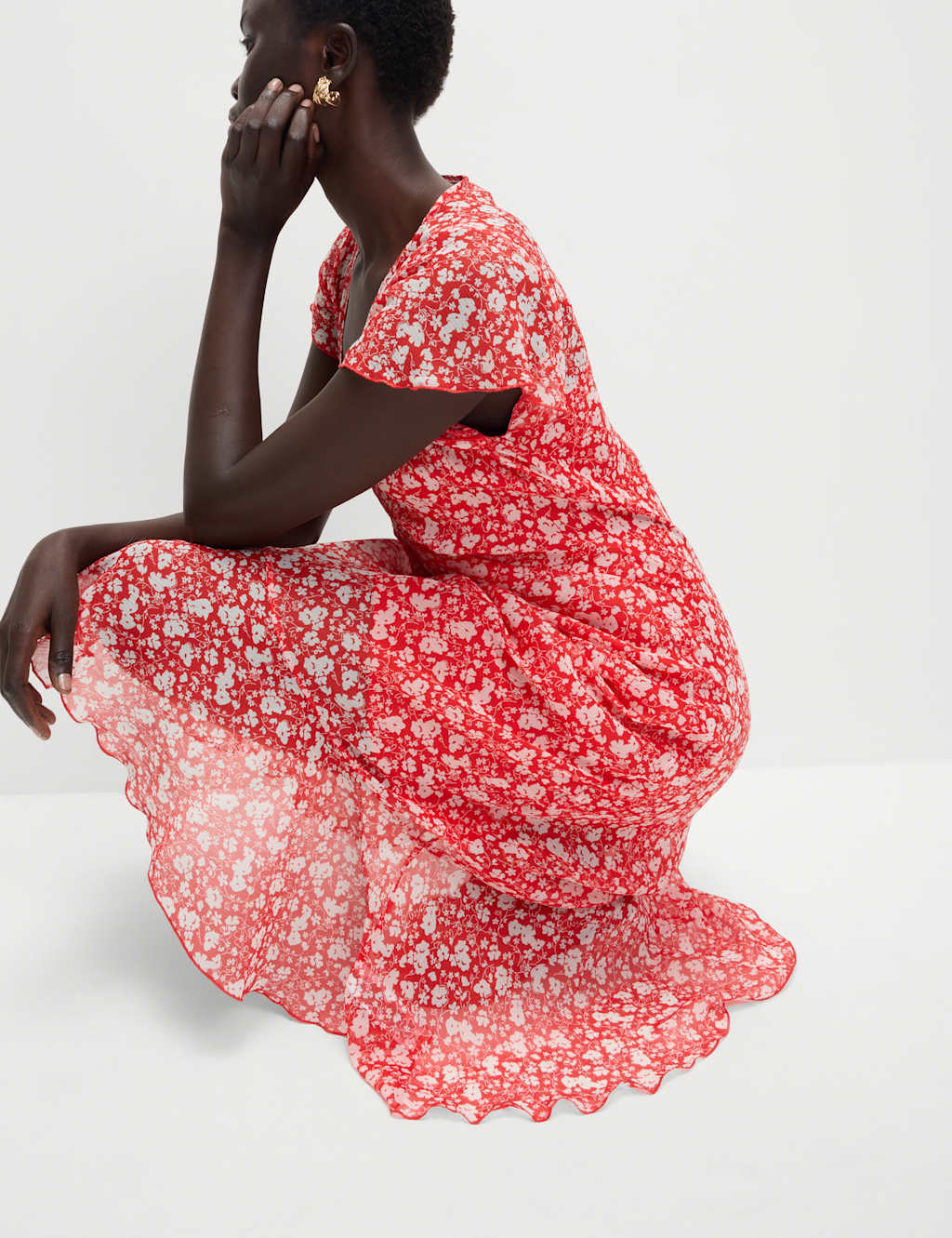 Chiffon Floral V-Neck Angel Sleeve Midaxi Tea Dress