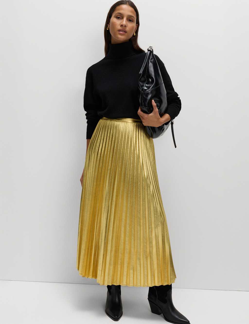 M&S Metallic Gold Pleated Midi Skirt Gold