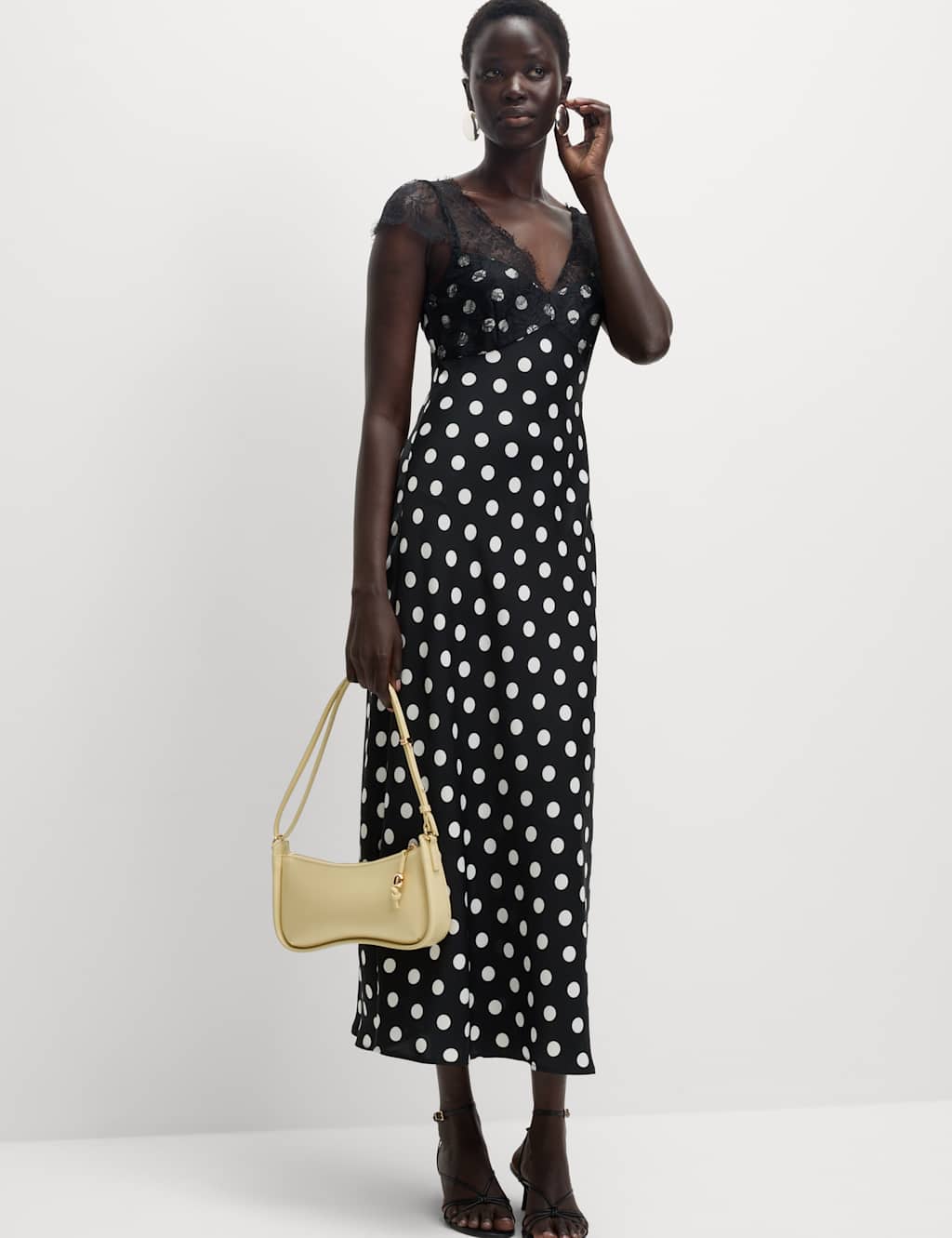 M&S Collection Women's Polka Dot V-Neck Lace Detail Midaxi Tea Dress - 16REG - Black Mix, Black Mix
