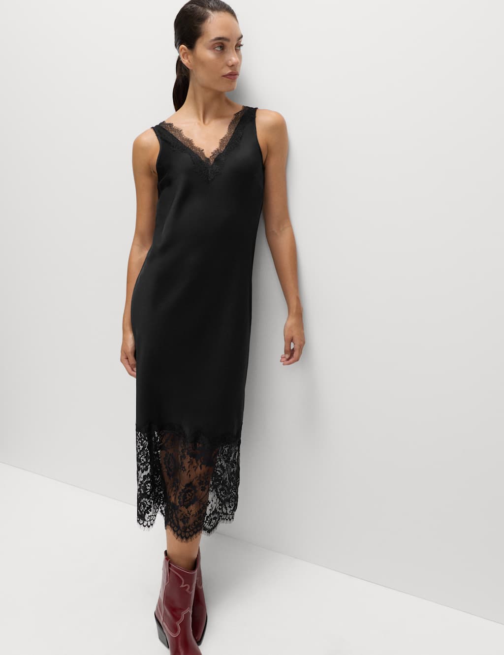 M&S Satin Lace V-Neck Midaxi Slip Dress Black
