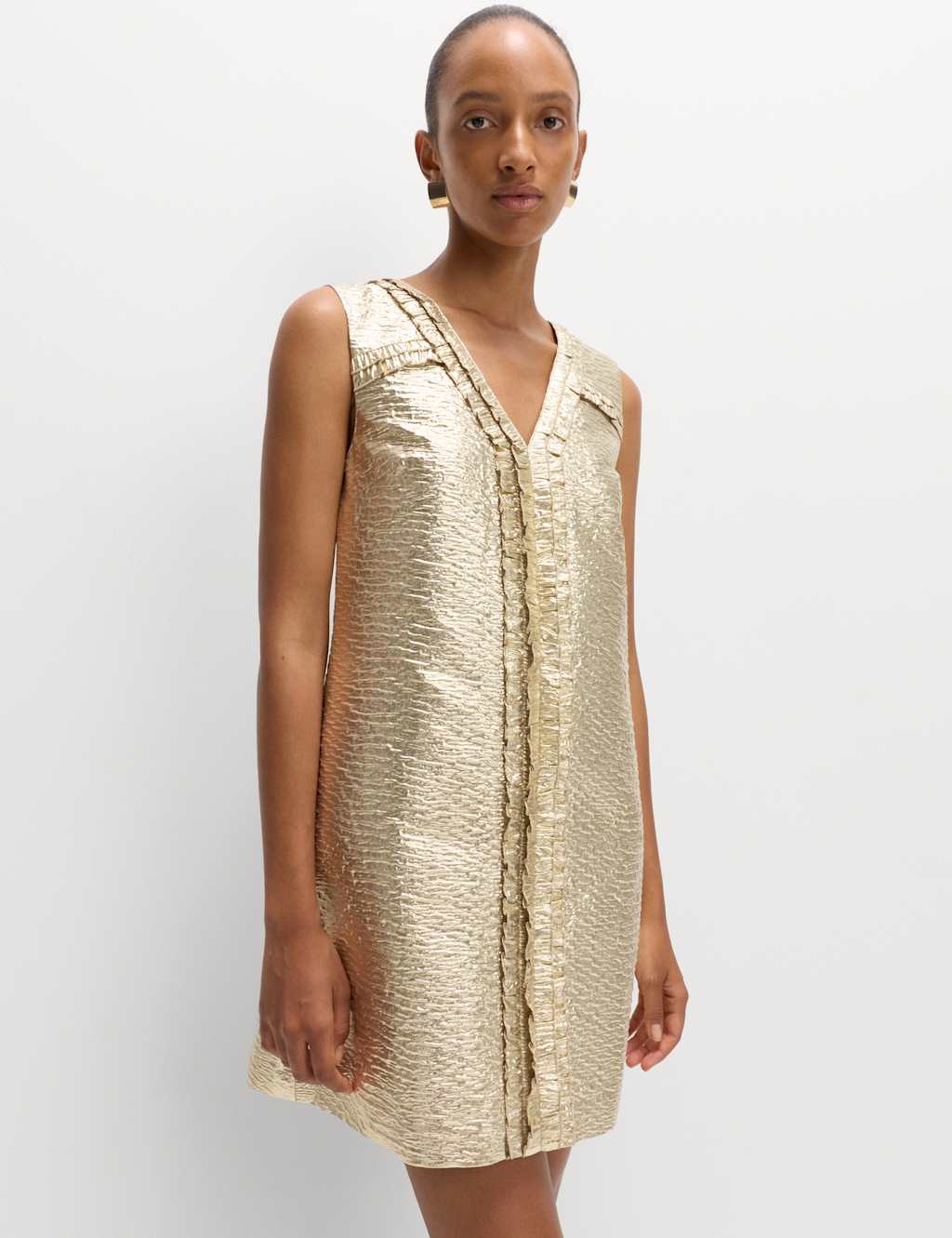 M&S Gold Jacquard V-Neck Mini Shift Dress Gold