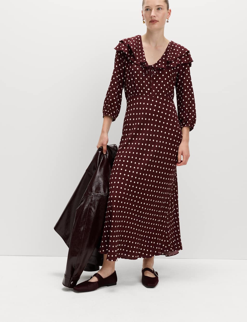 M&S Polka Dot Midaxi Tea Dress Wine