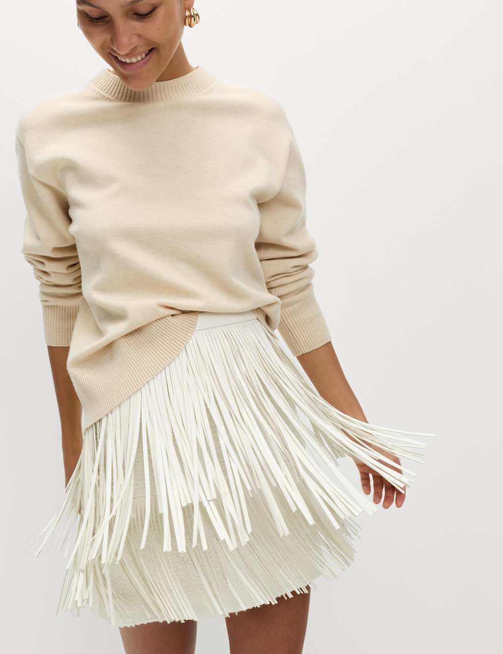 M&S Fringe Detail Mini Skirt Ivory