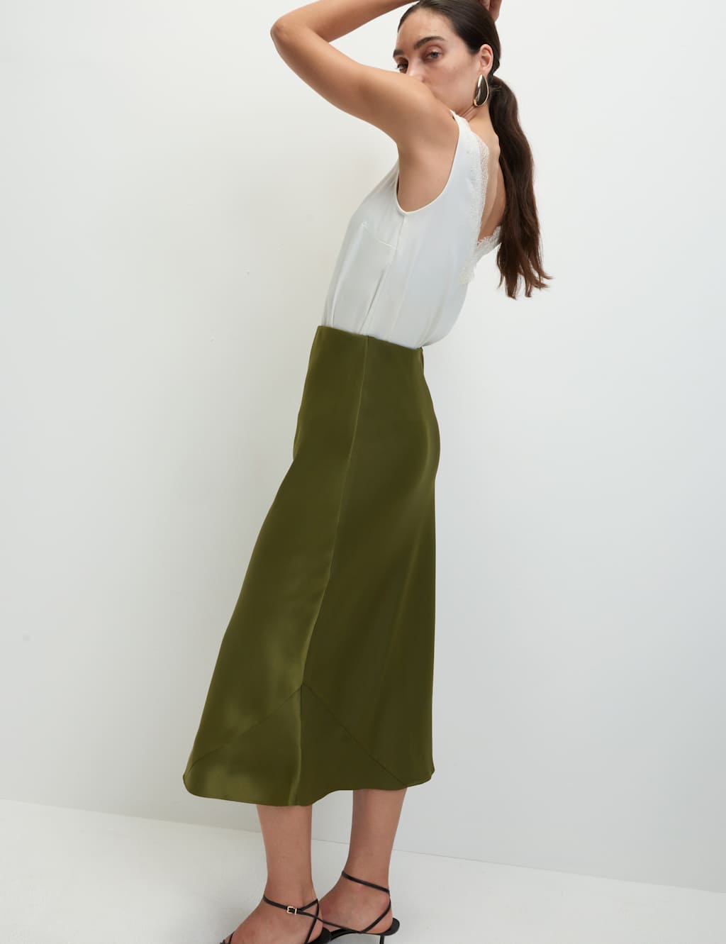 M&S Satin Midaxi Slip Skirt Olive