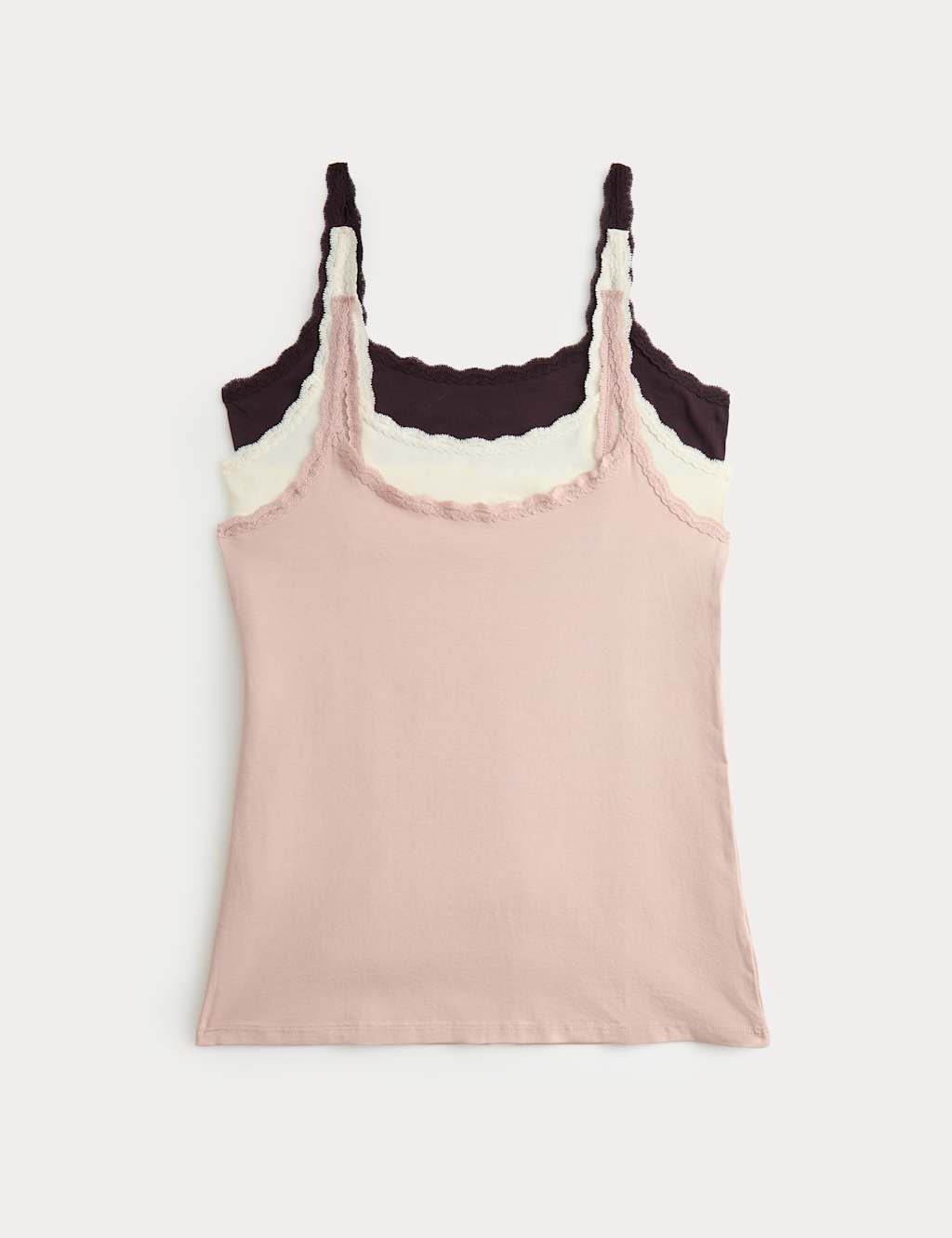 M&S 3pk Cotton Rich Lace Trim Vests Soft Brown Mix