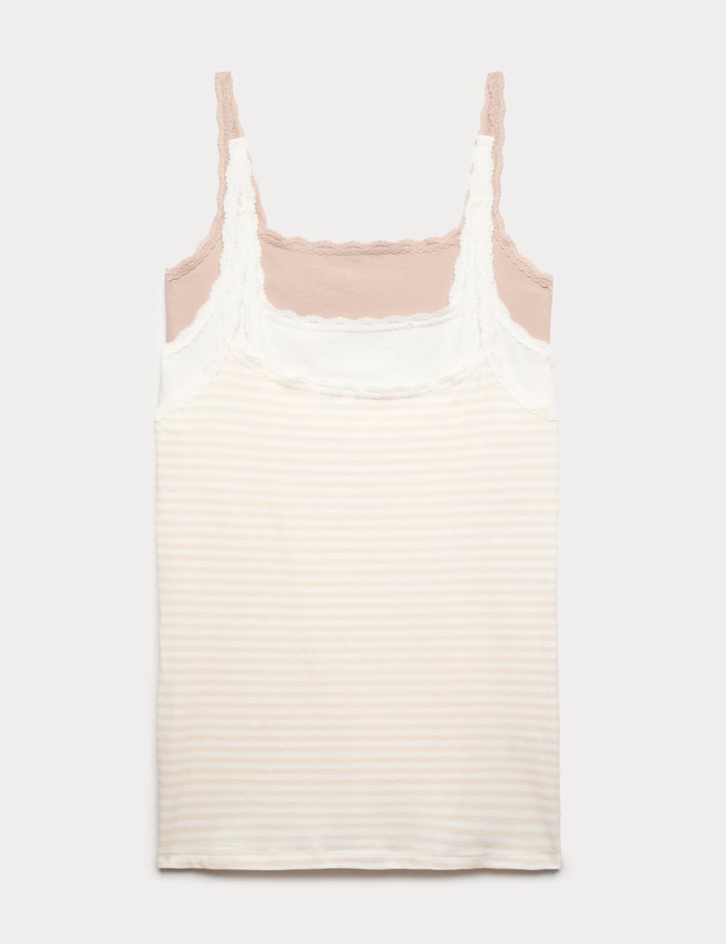 M&S Women's 3pk Cotton Rich Lace Trim Vests - 12 - Ivory Mix