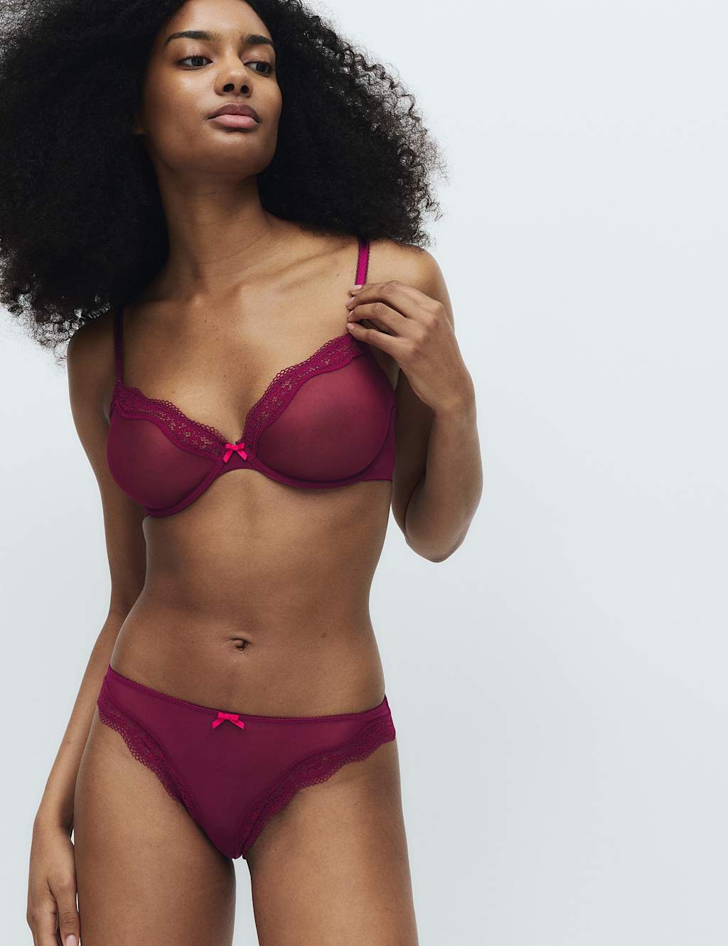 M&S Women's Jasmine Lace Sheer Wired Demi Cup Bra A-E - 40C - Dark Raspberry