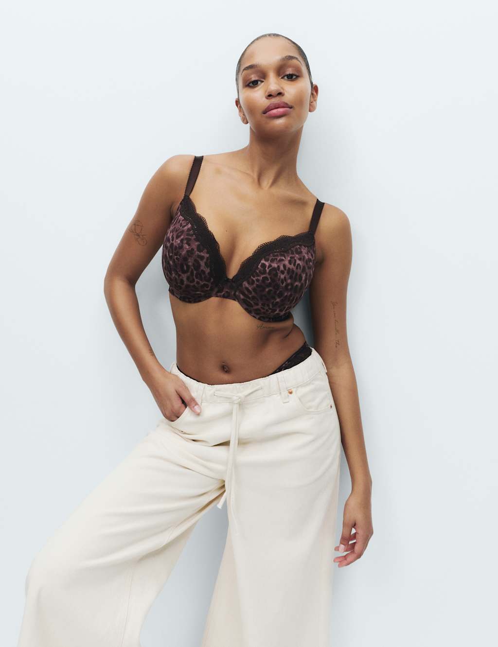 M&S Jasmine Lace Printed Wired Plunge Bra (F+) Chocolate Mix