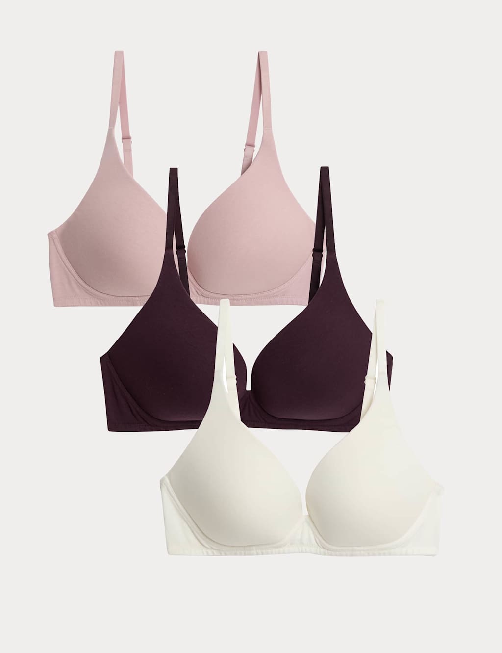 M&S 3pk Non Wired Plunge T-Shirt Bras A-E Raisin