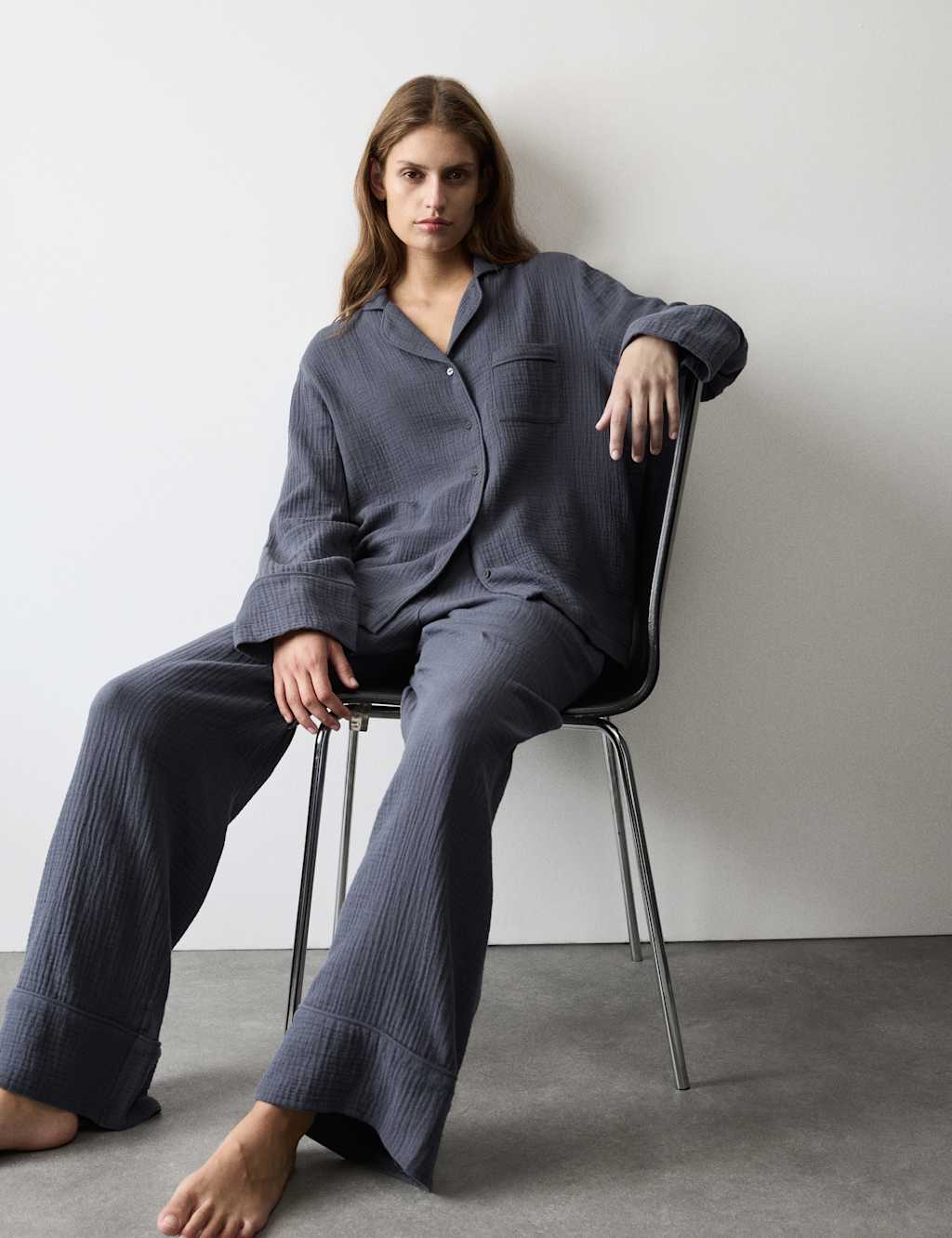 Autograph Pure Cotton Muslin Revere Pyjama Set Steel Blue