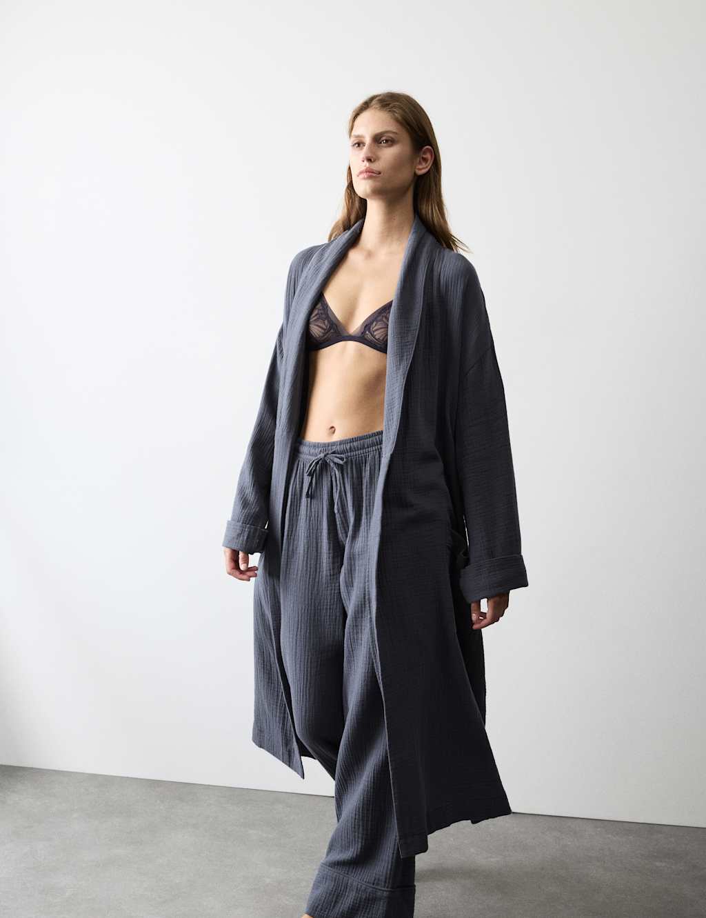 Autograph Pure Cotton Muslin Dressing Gown Steel Blue