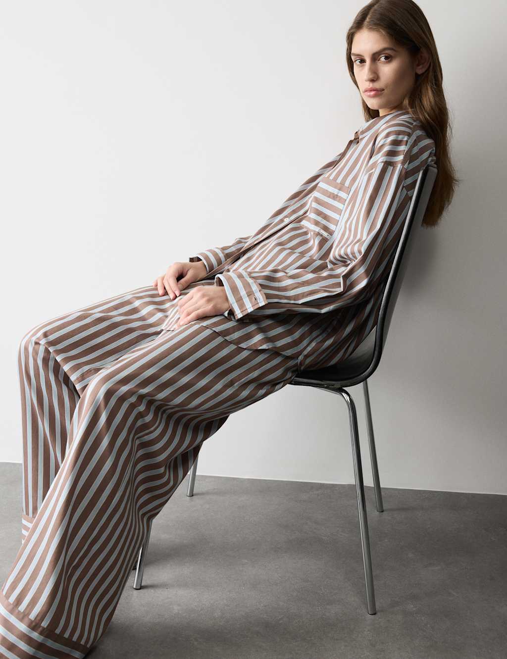 Autograph Women's Pure Cotton Sateen Striped Pyjama Set - 12 - Blue Mix