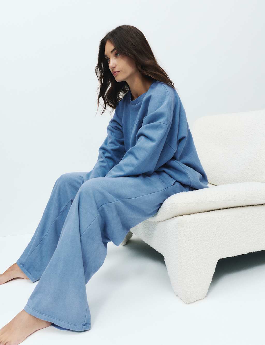 M&S Cotton Rich Wide Leg Lounge Joggers Blue