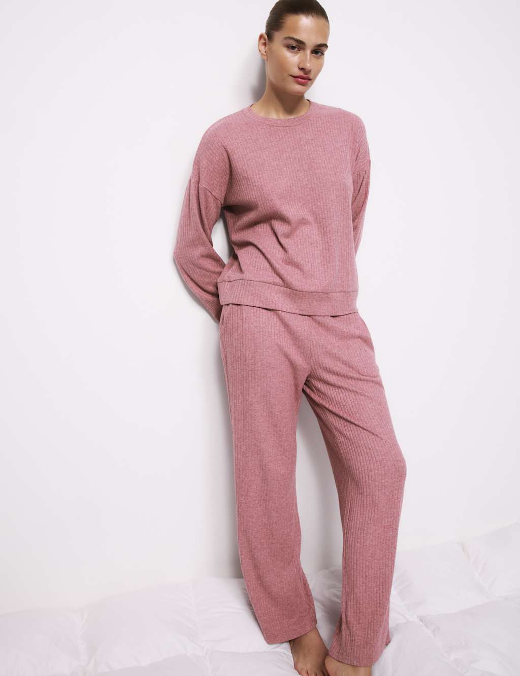 M&S Ribbed Wide Leg Pyjama Bottoms Magenta