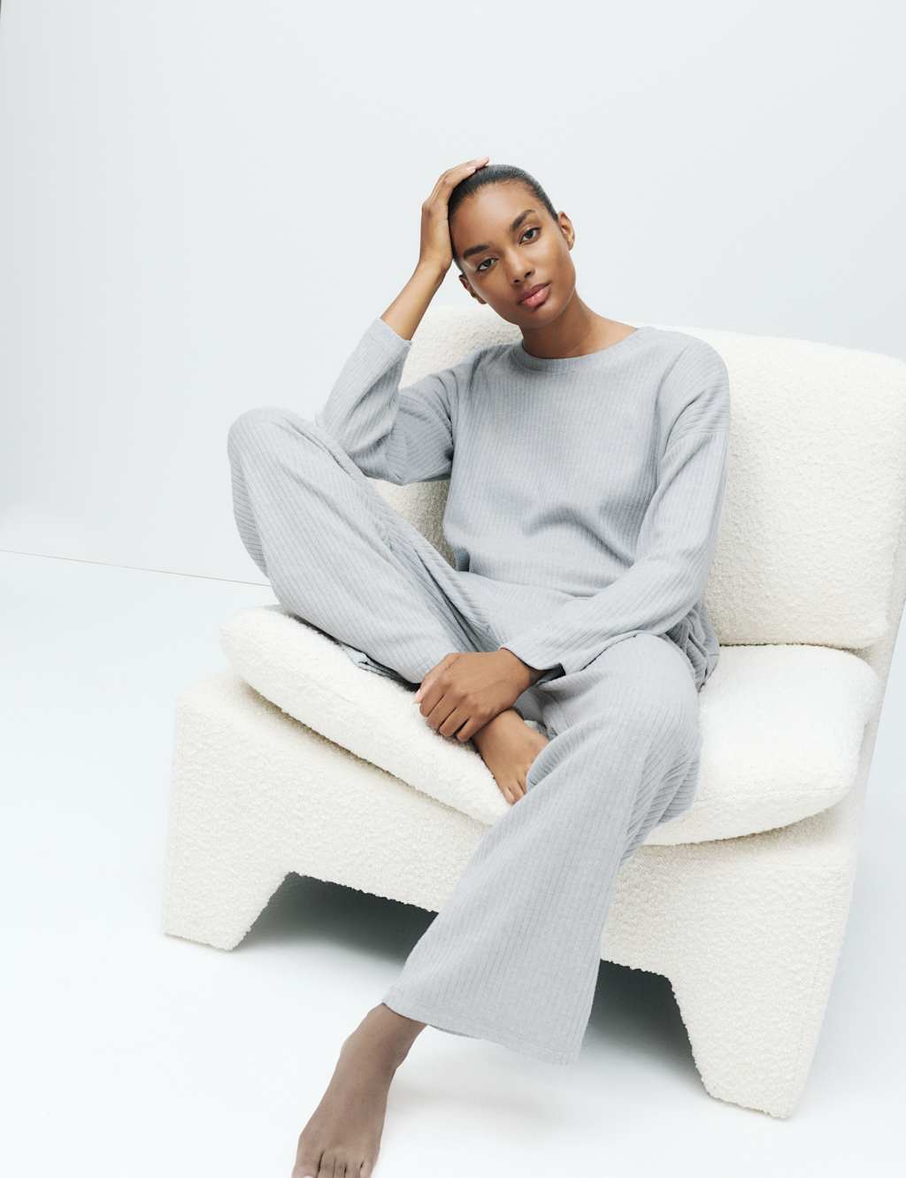 M&S Ribbed Wide Leg Pyjama Bottoms Grey