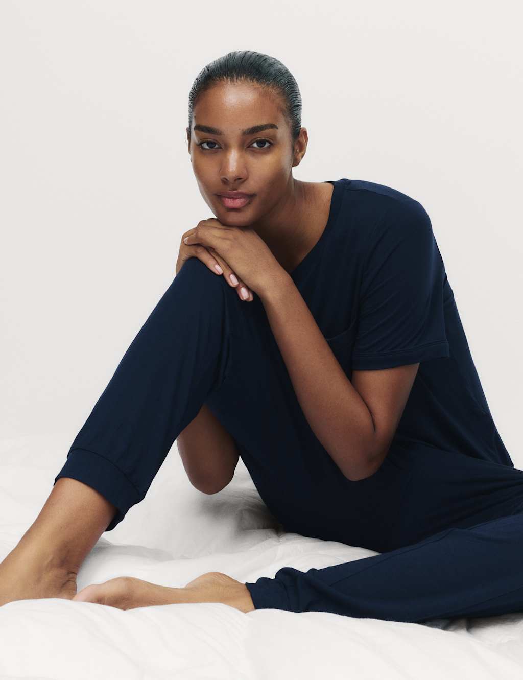 M&S Viscose Satin Cuff Leg Pant Navy