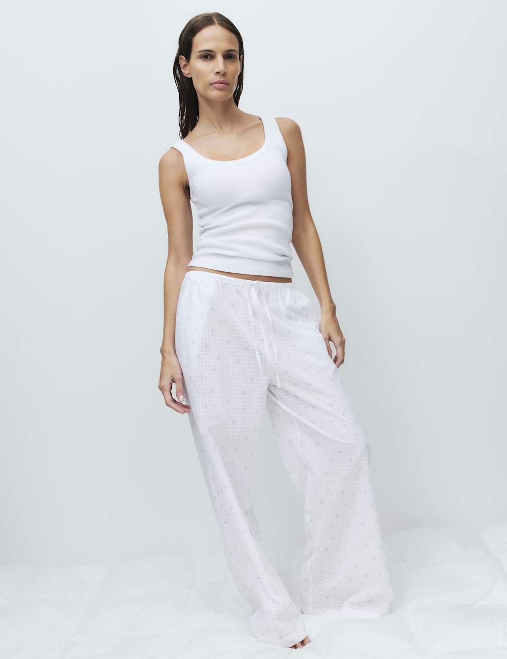 M&S Women's Pure Cotton Floral Check Pyjama Bottoms - 18 - White Mix