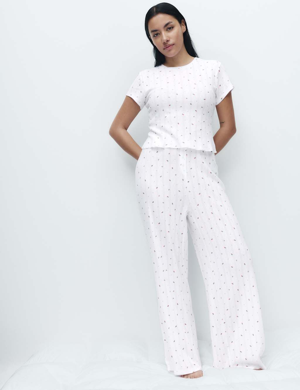 M&S Women's Pure Cotton Floral Pointelle Pyjama Bottoms - Large - White Mix