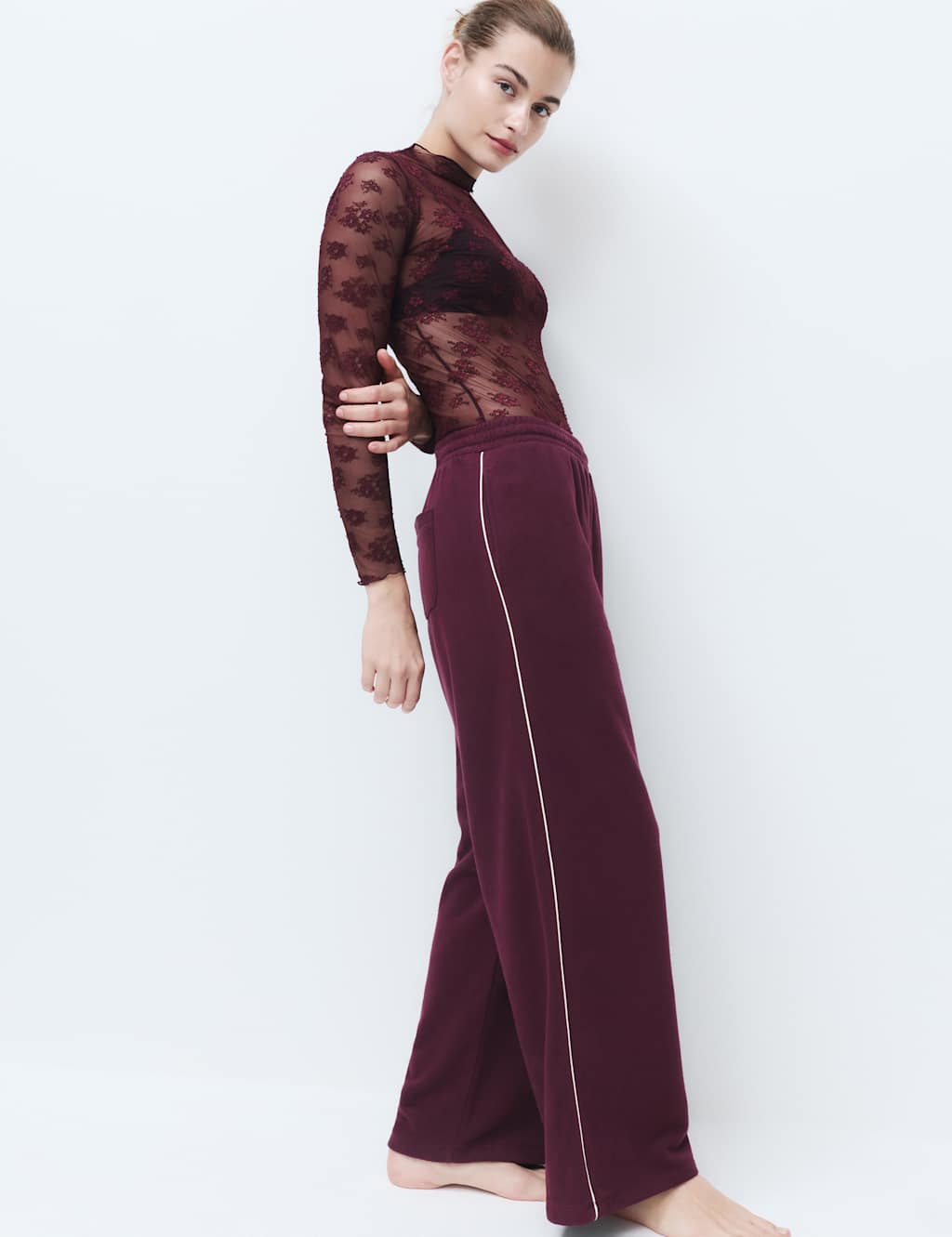 M&S Women's Cotton Rich Loopback Wide Leg Joggers - Large - Burgundy