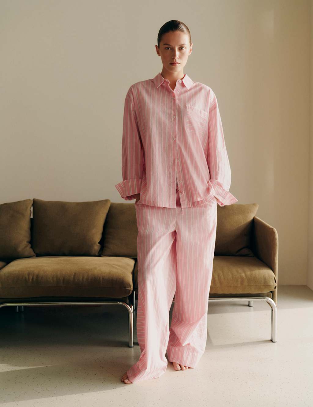 M&S Women's Pure Cotton Cambric Striped Pyjama Bottoms - 8 - Pink Mix