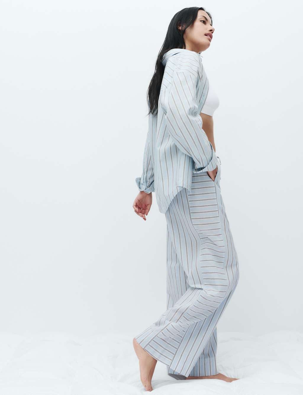M&S Women's Pure Cotton Cambric Striped Pyjama Bottoms - 20 - Blue Mix
