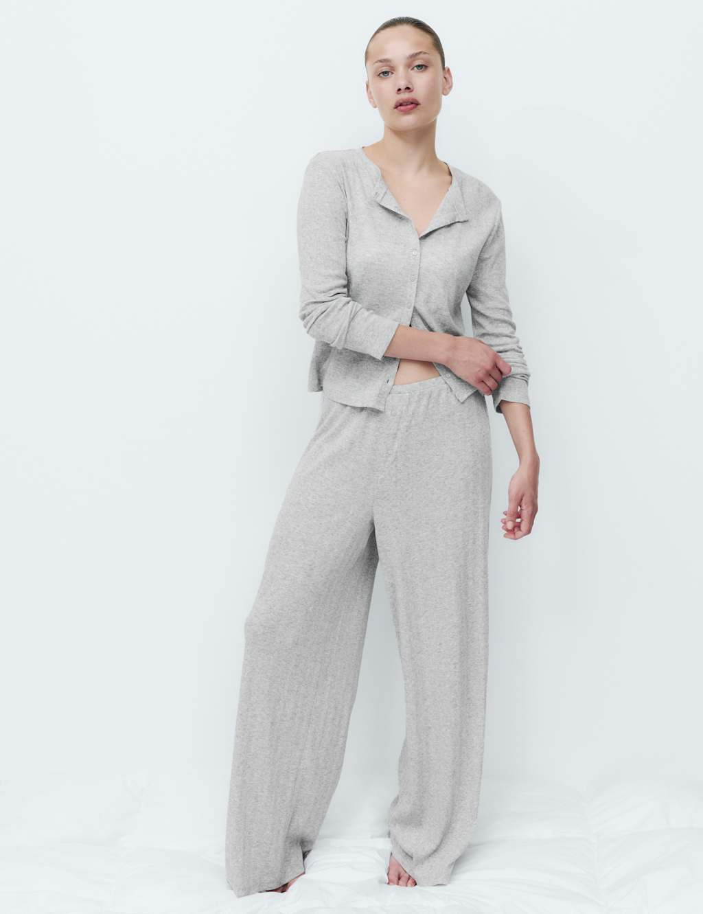 M&S Women's Pointelle Wide Leg Lounge Bottoms - Extra Large - Grey