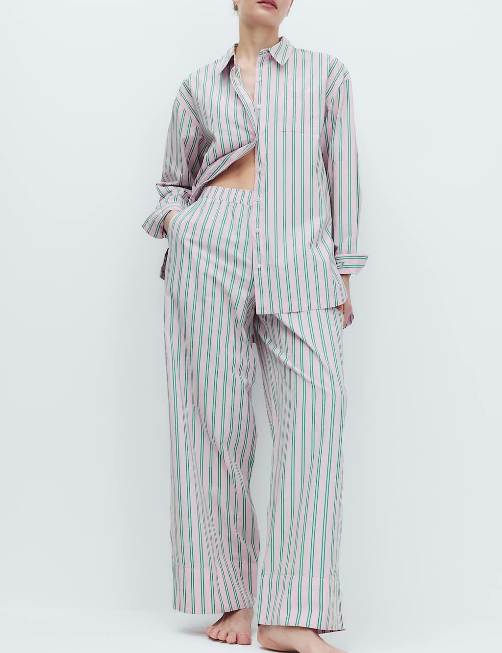 M&S Women's Poplin Striped Wide Leg Pyjama Bottoms - 14 - Blossom