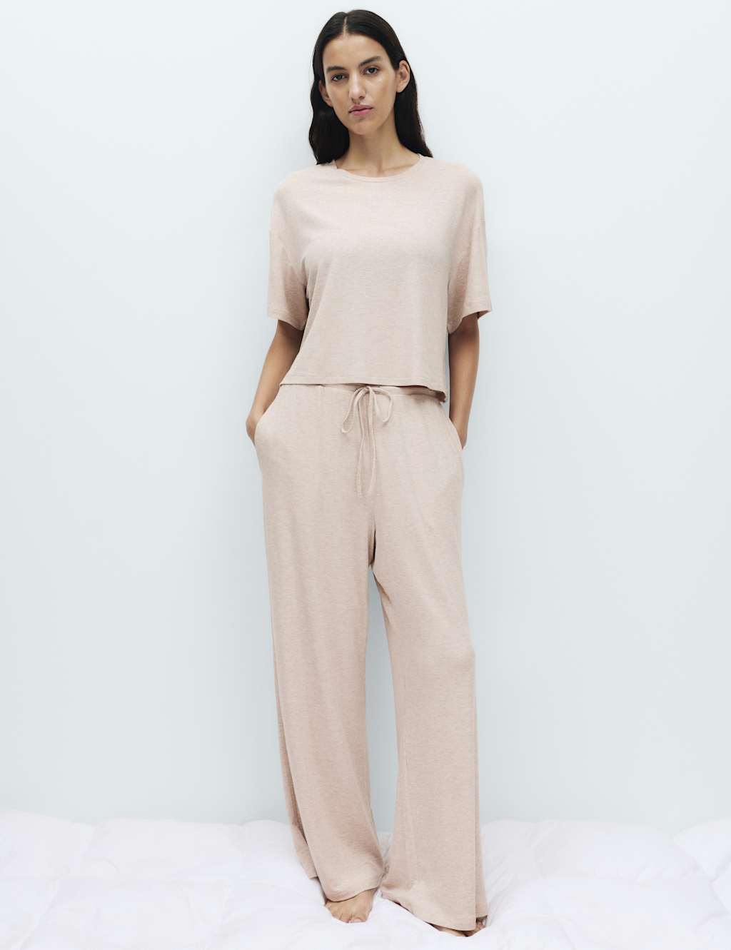 M&S Women's Modal Rich Ribbed Pyjama Bottoms - Large - Fawn