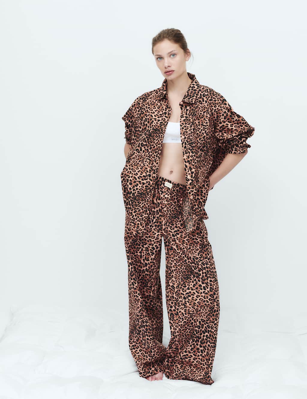 M&S Women's Pure Cotton Poplin Leopard Pyjama Bottoms - 8 - Brown Mix