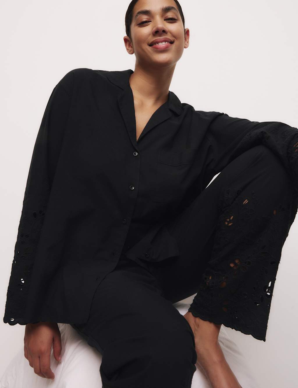 M&S Pure Cotton Broderie Trim Pyjama Set Black