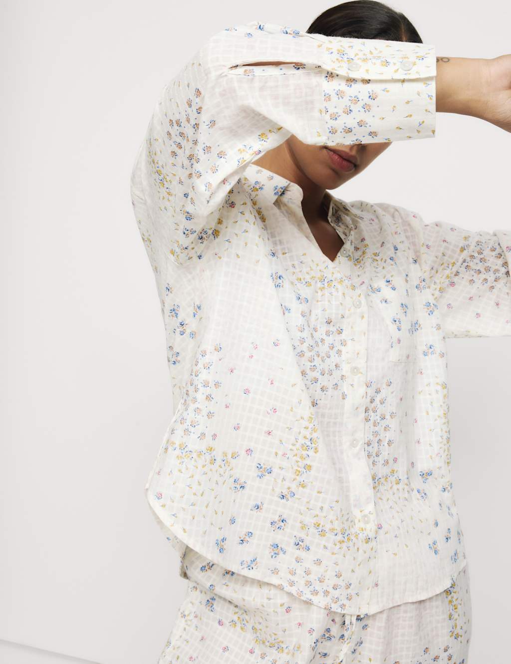M&S Pure Cotton Check Dobby Floral Pyjama Set Ivory Mix