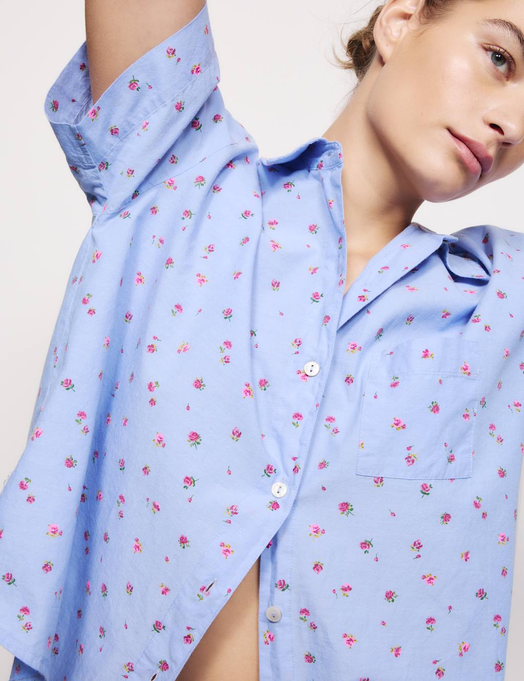 M&S Pure Cotton Cambric Slub Floral Shortie Set Pale Blue