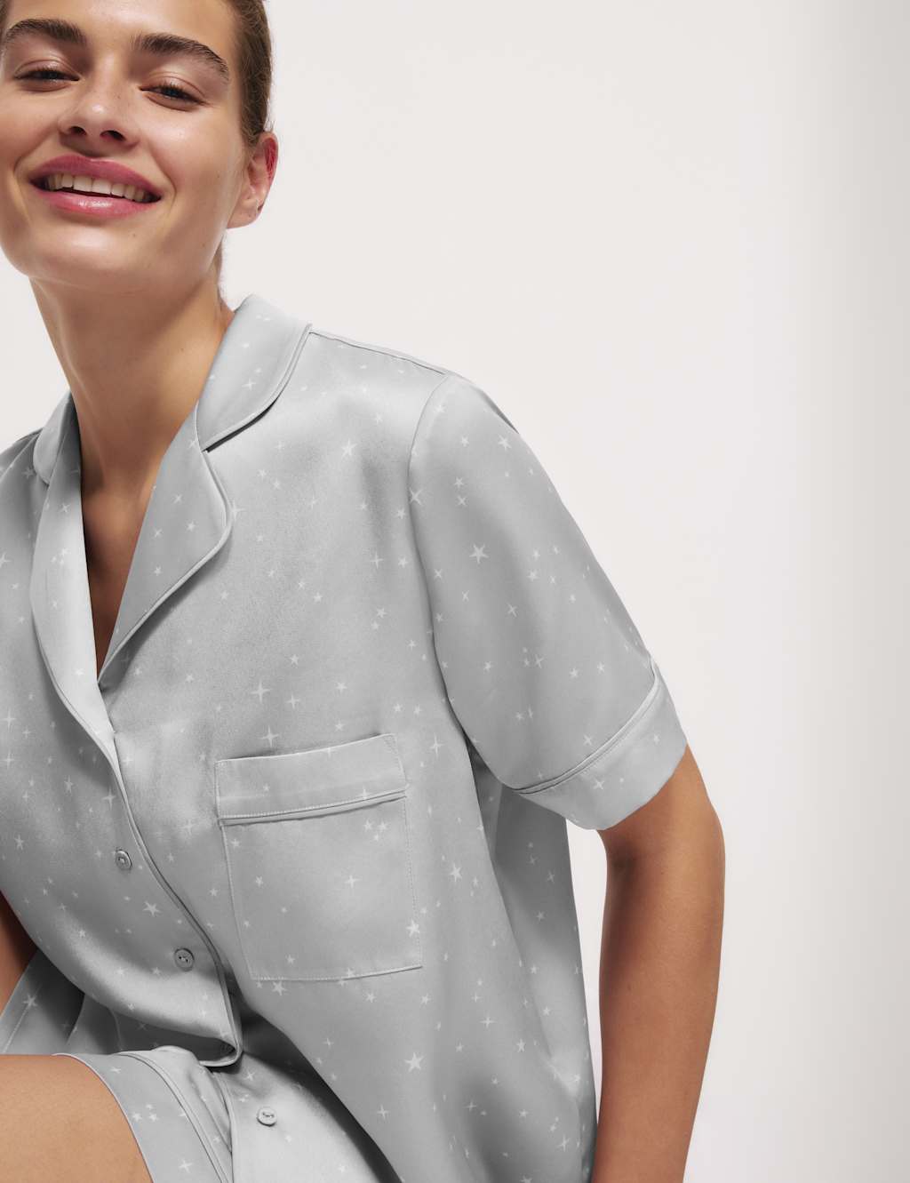 M&S Satin Star Print Revere Shortie Set Silver Mix