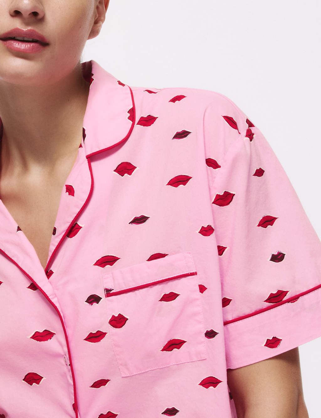 M&S Pure Cotton Printed Revere Shortie Set Pink Mix