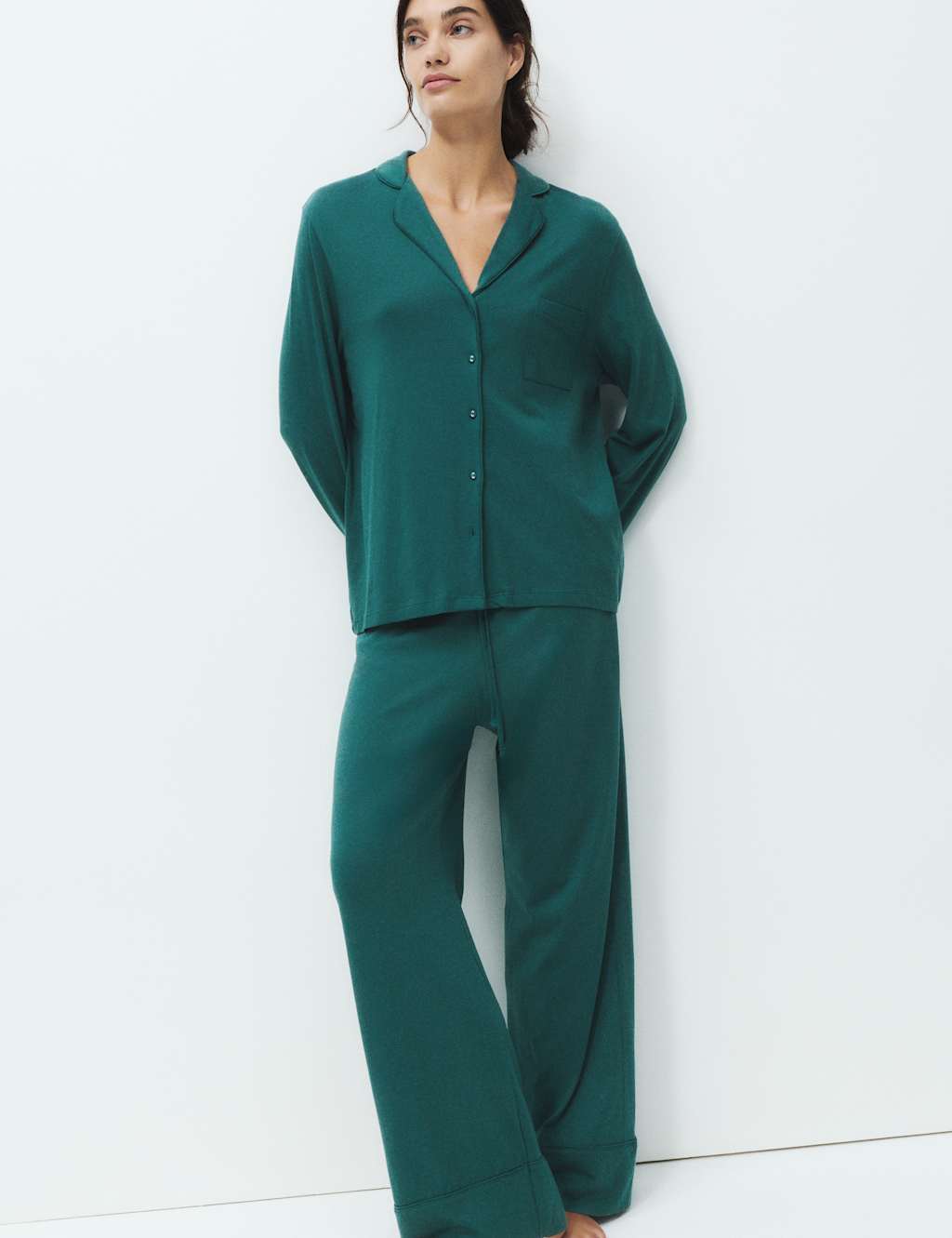 M&S Cotton Modal Revere Pyjama Set Evergreen