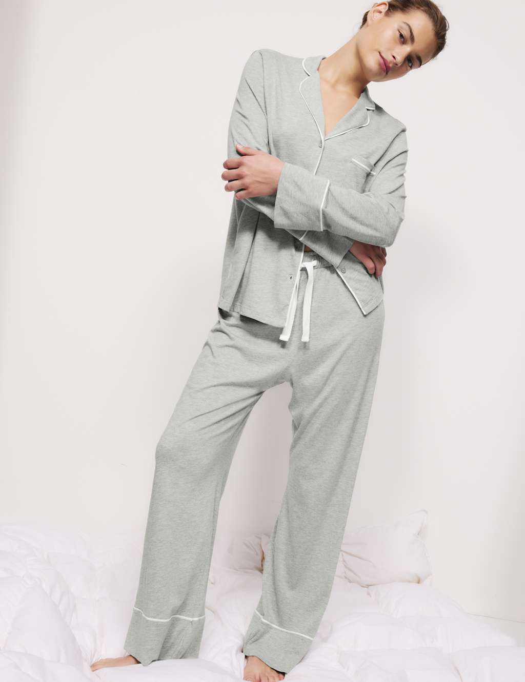 M&S Cotton Modal Revere Pyjama Set Grey Marl