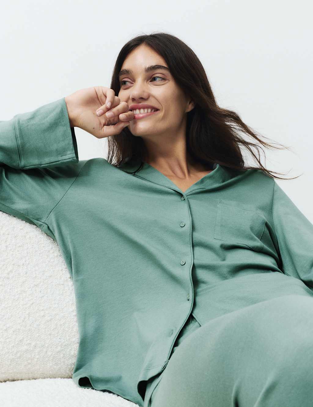 M&S Cotton Modal Revere Pyjama Set Smokey Green