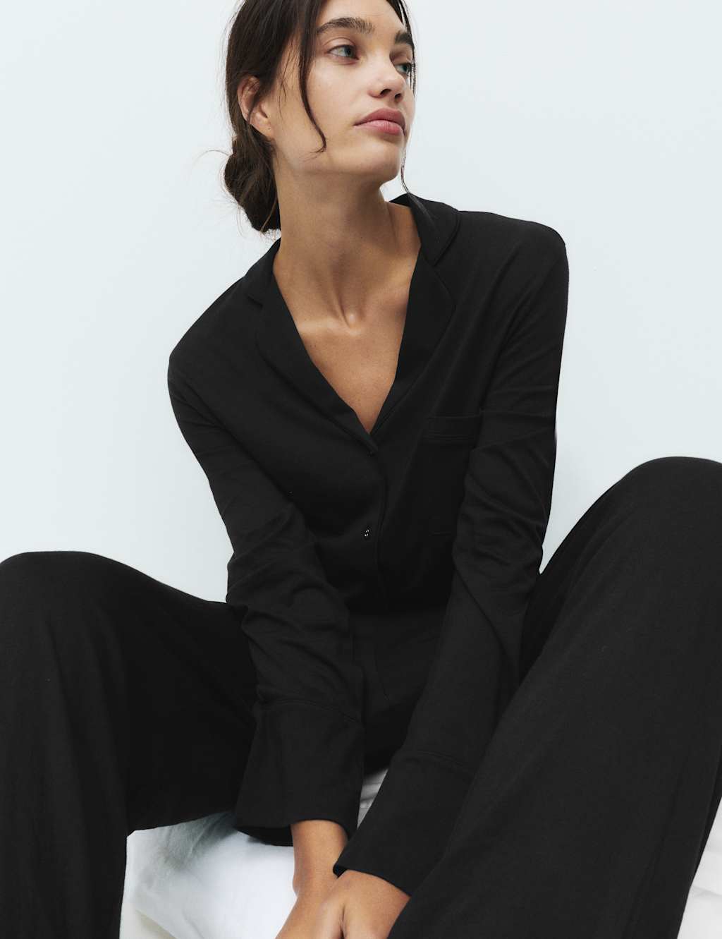 M&S Cotton Modal Revere Pyjama Set Black