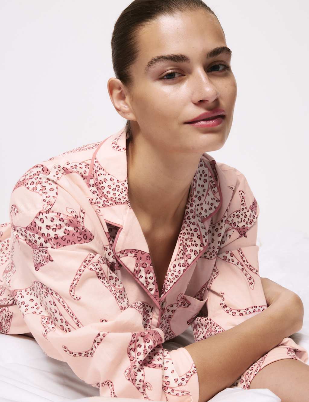 M&S Pure Cotton Animal Print Slub Pyjama Set Soft Pink