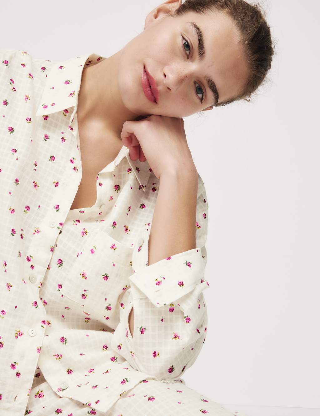 M&S Pure Cotton Dobby Floral Pyjama Set Ivory Mix