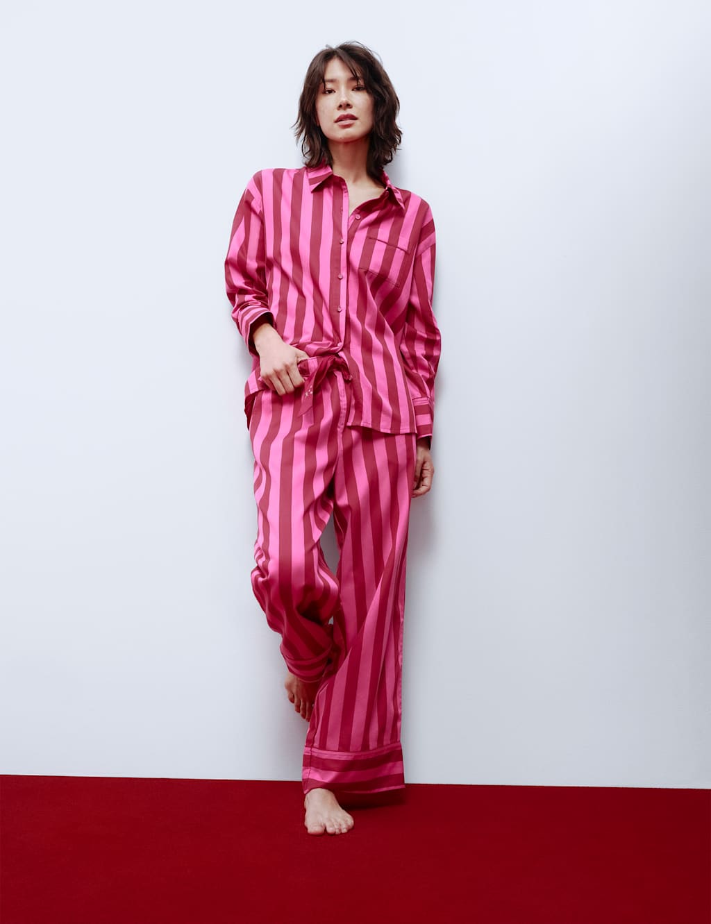 M&S Pure Cotton Sateen Striped Pyjama Set Pink Mix