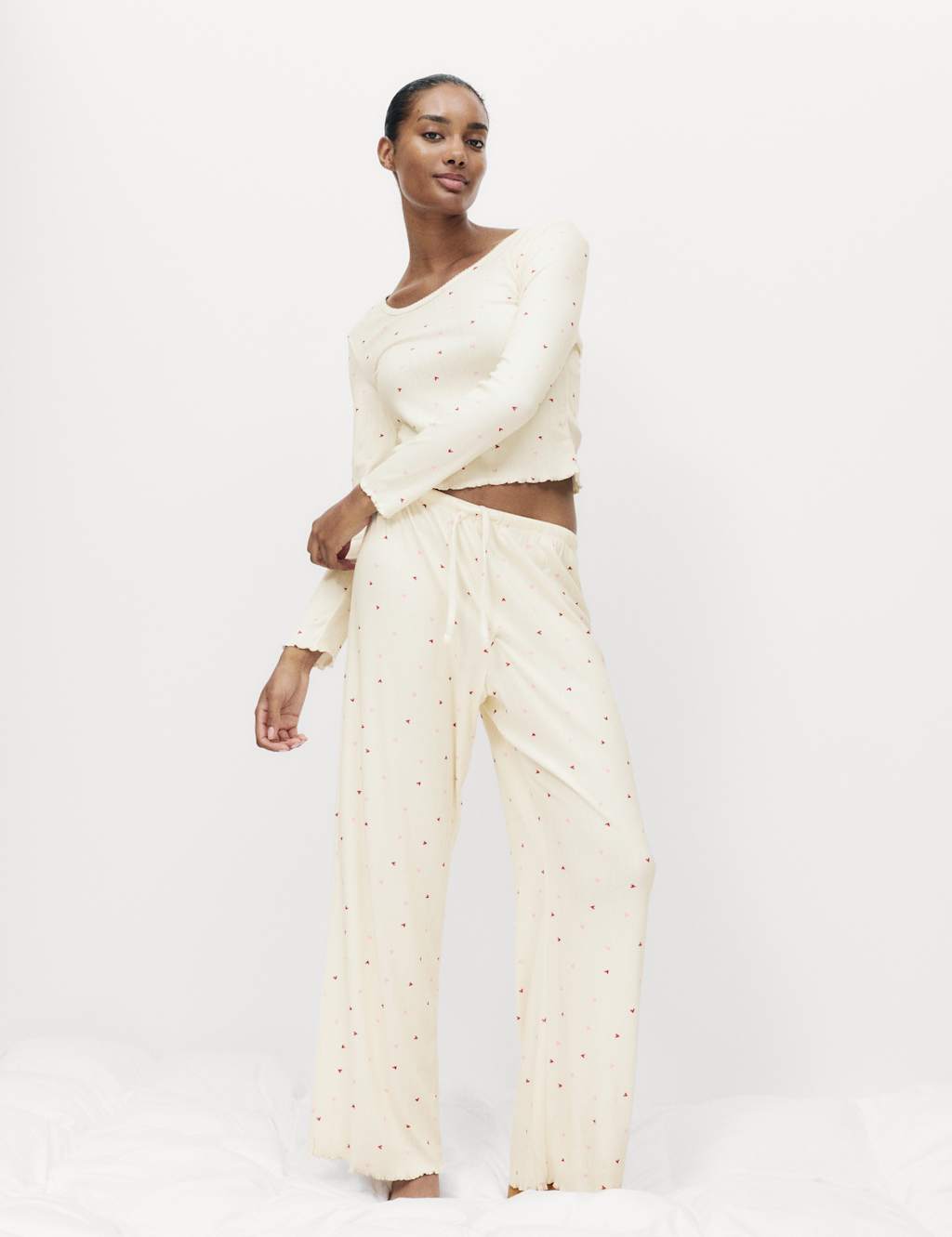 M&S Pointelle Printed Pyjama Set Ivory Mix