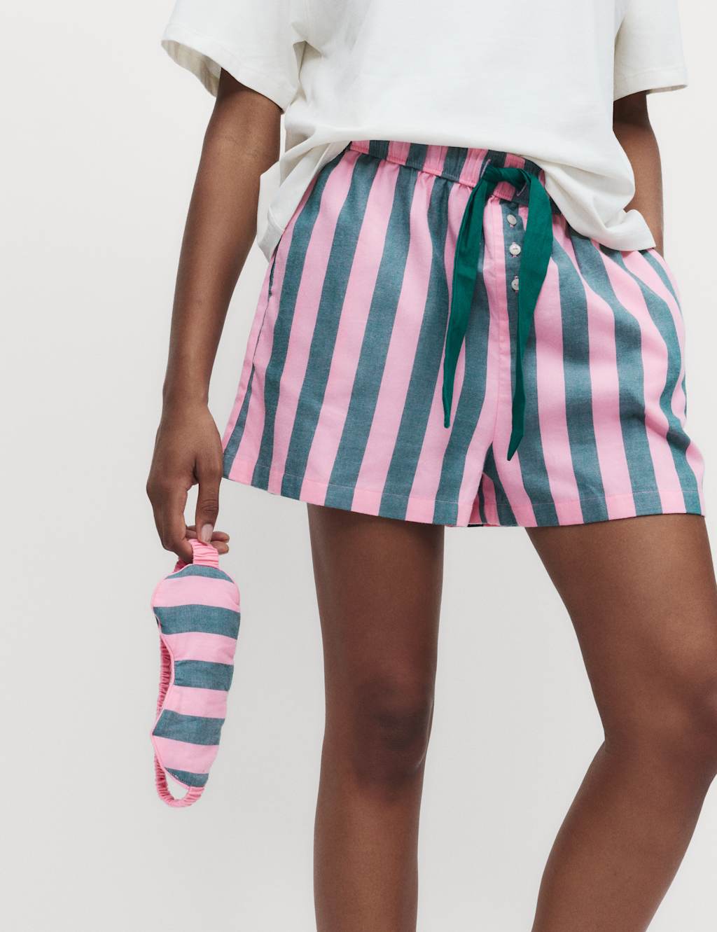 M&S Pure Cotton Striped Shortie Set with Eye Mask Ivory Mix