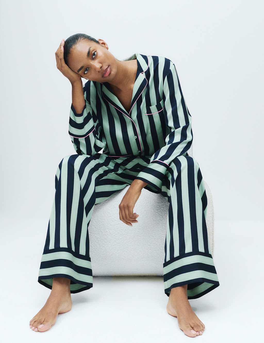 M&S Striped Revere Wide Leg Pyjama Set Green Mix