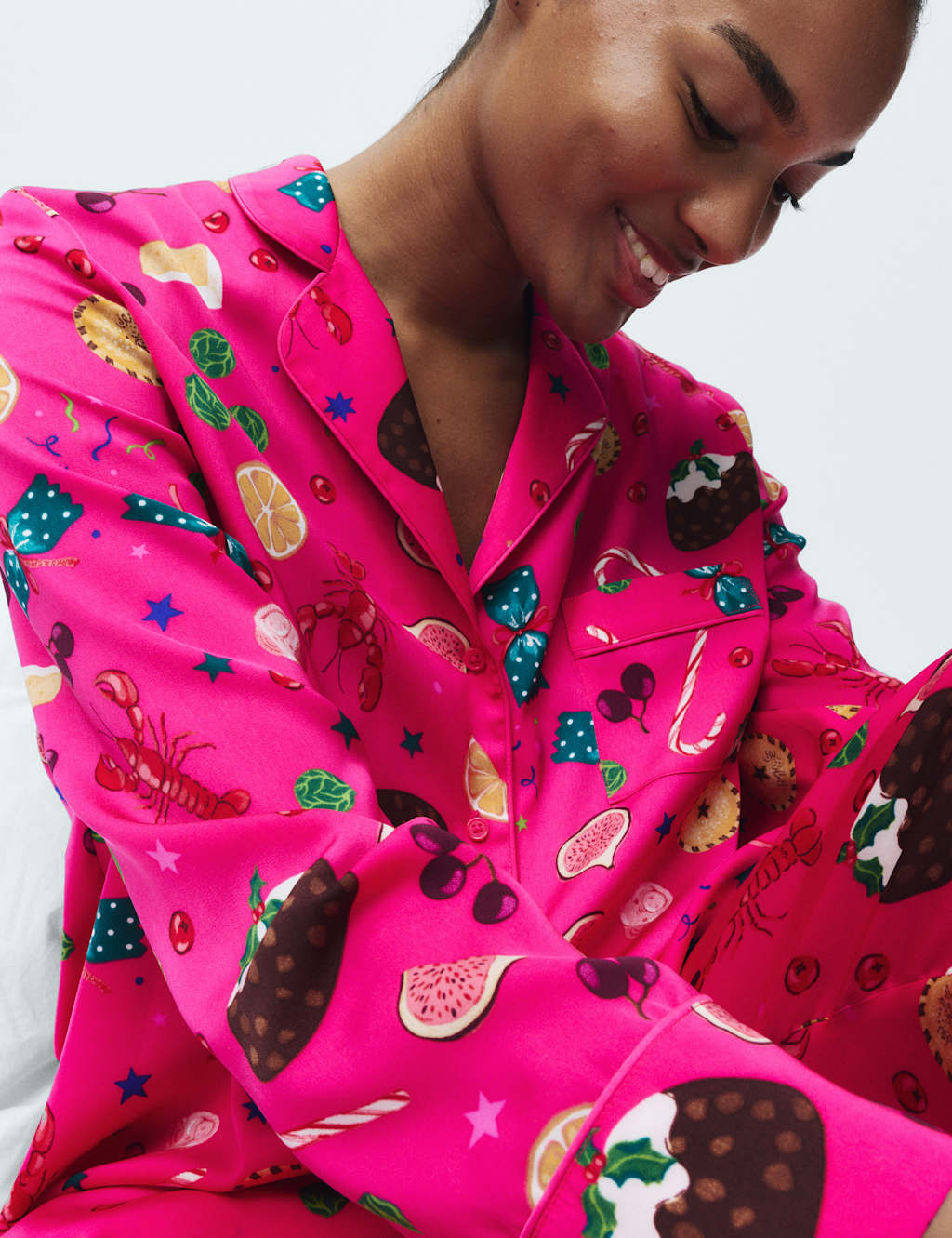 M&S Satin Christmas Food Pyjama Set Dark Pink