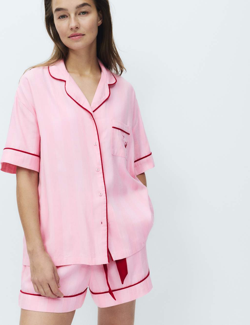 M&S Cotton Blend Herringbone Striped Shortie Set Pink Mix