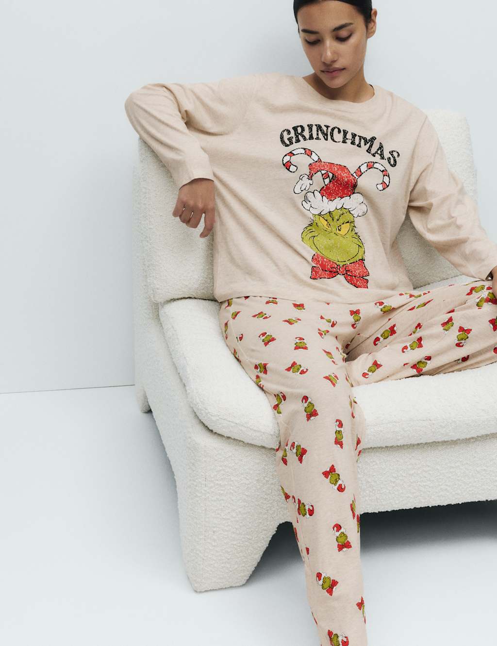 M&S Pure Cotton Jersey Grinch Pyjama Set Ivory Mix