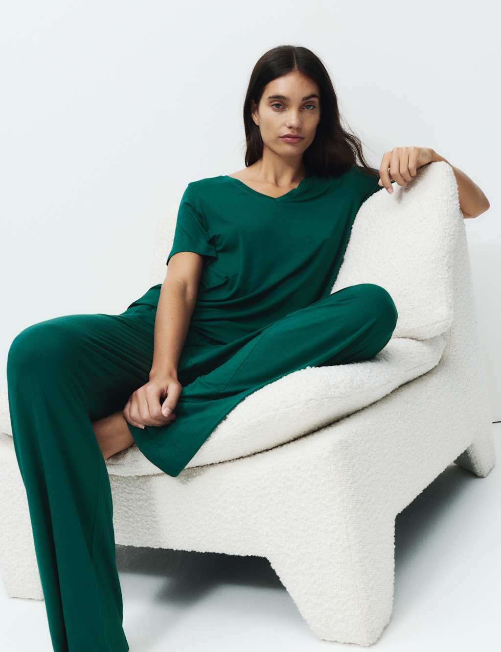 M&S Viscose Lace Trim Pyjama Set Green